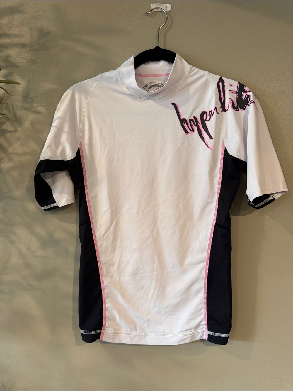 Hyperlite Men’s White & Black Short Sleeve Rash Guard with Pink Trim